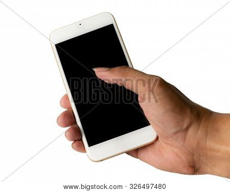 Hand With Smart Phone Black Screen Isolated On White Background With Clipping Path