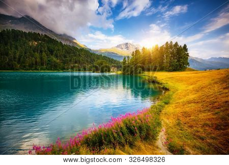 Majestic view of the azure pond Champfer. Location place of resort Silvaplana village, Swiss alps, Maloja pass, Switzerland, Europe. Perfect natural wallpaper background. Discover the beauty of earth.