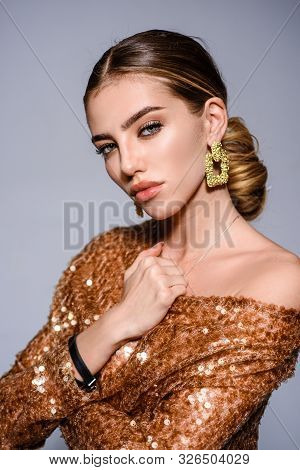 Fashion Model. Stylish Accessories. Fashionable Jewelry, Earrings. Beautiful Woman With Clean Fresh 
