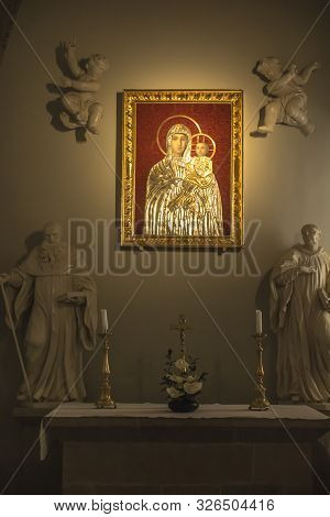 Tyniec, Krakow, Poland, August 3, 2019: Picture Of The Virgin Mary With Jesus In Benedictine Abbey I