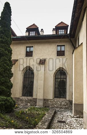 Tyniec, Krakow, Poland, August 3, 2019: Historic Cloisters At The Benedictine Abbey In Tyniec Near K
