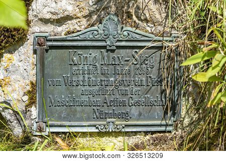 Fuessen, Germany - August 4, 2019: Plate For Building A Bridge Passing River Lech In Fuessen, Bavari