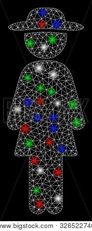 Bright Mesh Standing Lady With Glare Effect. White Wire Frame Triangular Mesh In Vector Format On A 
