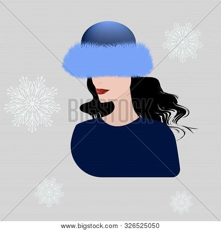 Leather Hat Trimmed With Blue Fur With A Long Pile - Elegant Woman, Face In Profile - Vector. Winter