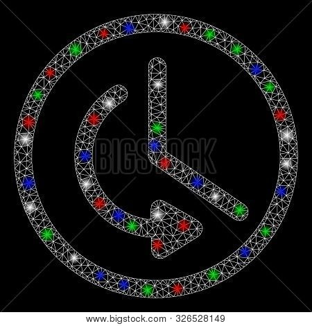 Bright Mesh Rollback Time With Glare Effect. White Wire Carcass Triangular Mesh In Vector Format On 