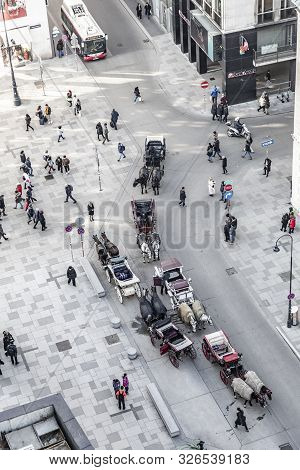 Vienna, Austria - Feb 15, 2019: Fiaker At Stephans Place In Vienna Wait For Tourists To Have A Carri