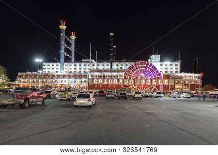 Laughlin, Usa - Mar 6, 2019: Night View Of The Gambling City Laughlin. Laughlin Was Named For Don La