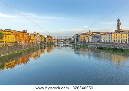 Firenze, Italy - August 13, 2019: Famous Historic Ponte Veccio In Florence At River Arno