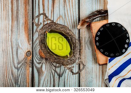 Jewish Ritual Festival Of Sukkot In The Jewish Religious Symbol Etrog, Lulav, Hadas Arava Kippah And