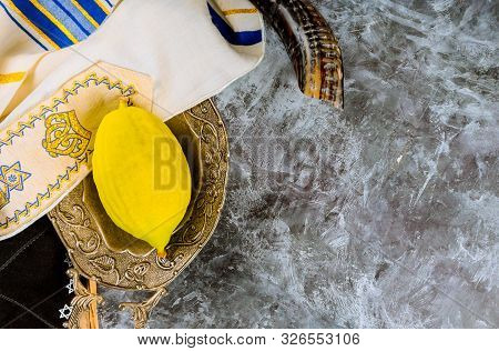 Religion Jewish Celebration Holy Holiday Sukkot. Etrog, Lulav, Hadas Arava Kippah And Shofar Tallit 