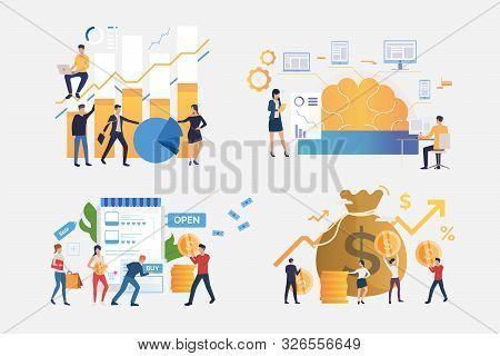 Financial Analysis Illustration Set. Employees Analyzing Diagram, Buying In Internet Store, Carrying