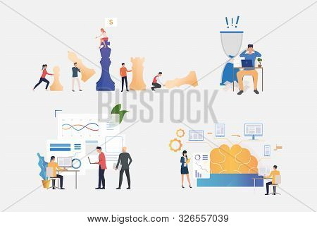 Professionals Working On Startup Illustration Set. Businesspeople Working At Night, Studying Brainwo