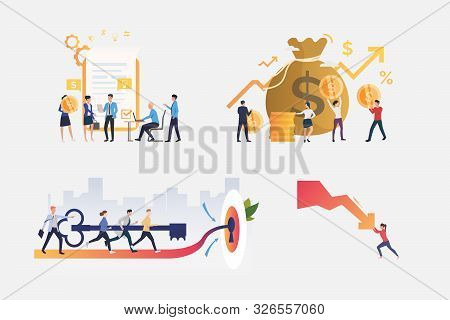 Project Management Illustration Set. Businesspeople Signing Contract, Stopping Graph Arrow Falling D