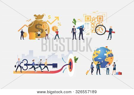 Set Of Business Professionals Illustrations. Businesspeople Travelling, Investing Money, Opening Doo