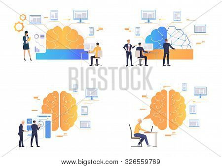 Brainwork Illustration Set. People Working On Computer, Studying Brain Work, Thinking Over New Ideas