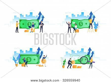Finance Management Illustration Set. People Holding Dollar Banknote, Sitting On Stack Of Coins, Inve