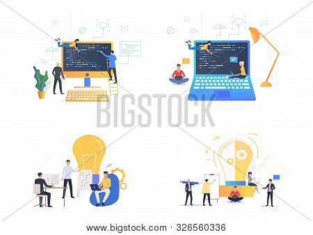 Software Project Illustration Set. Developers Pointing At Monitor With Codes, Presenting Graphs Near
