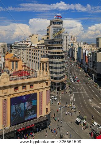 Madrid, Spain - June 4, 2017: Aerial View Of The Iconic Edificio Carrion Or Capitol Building With Sc