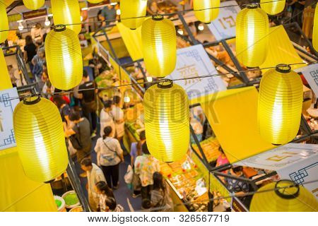 Vegetarian Festival (j Festival) In Thailand Shopping Mall Vegan Food Stall Decoration With Yellow F