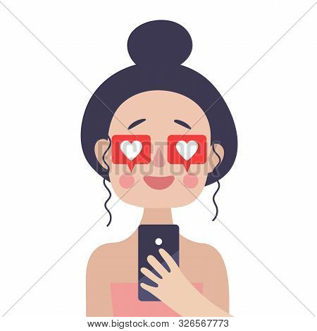 The Girl Looks At The Phone Screen And Smiles. In Her Eyes There Is A Like From Social Networks. Vec