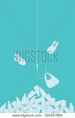Fish Hook Gets Plastic Bag Under Sea, Plastic Pollution Concept