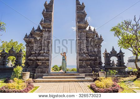 Young Woman Tourist In Budhist Temple Brahma Vihara Arama Banjar Bali, Indonesia