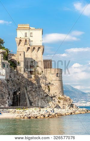 Norman Tower In Cetara, Beautiful Mediterranean Village On Amalfi Coast, Costiera Amalfitana, In Cam