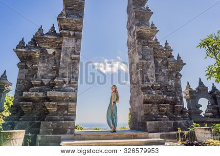 Young Woman Tourist In Budhist Temple Brahma Vihara Arama Banjar Bali, Indonesia