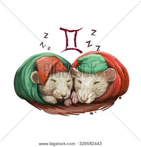 Gemini Creative Digital Illustration Of Astrological Sign. Rat Or Mouse Symboll Of 2020 Year Signs I