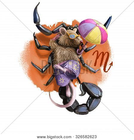 Creative Digital Illustration Of Astrological Sign Scorpio. Rat Or Mouse Symboll Of 2020 Year Signs 