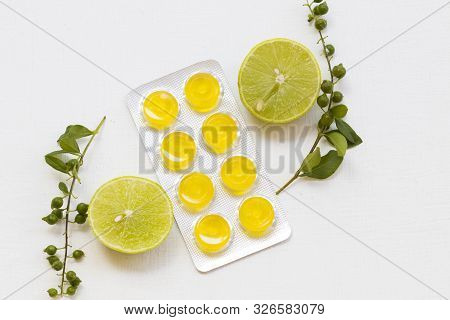 Herbal Cough Sore Throat Pastille Extract Vegetable Lemon For Health Care Arrangement Flat Lay Style