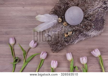 Easter Holiday Decoration Design With Eggs Feathers Fur Tulips. Beautiful Decoration Easternest With