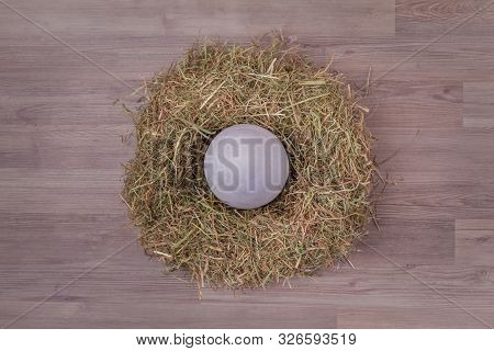 Easter Nest Basket Decoraton With Big Egg On Wooden Background. Beautiful Decoration Easternest With