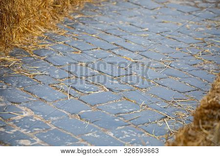 Cobblestones On Red Square Covered With Hay
