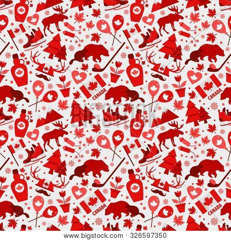 Canada Sign And Symbol, Icons Bright Design Flat Set In Seamless Pattern.