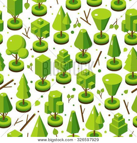 Isometric Bright Tree Set In Seamless Pattern. Landscape Constructor Kit. Different Trees For Make N