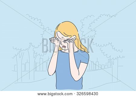 Depression, Frustration And Loneliness Concept. Sad Girl Crying In Park Closing Eyes With Hands, Emo