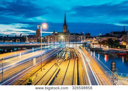 Stockholm, Sweden. Scenic View Of Stockholm Skyline At Summer Evening Night. Famous Popular Destinat