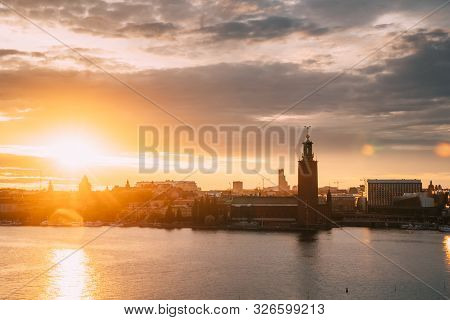 Stockholm, Sweden. Scenic Skyline View Of Famous Tower Of Stockholm City Hall. Building Of Municipal