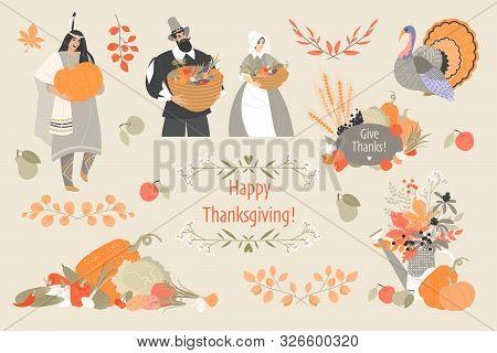Thanksgiving Illustrations Set With Cute Pilgrim And Native American Characters, Plant And Vegetable