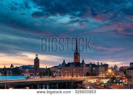 Stockholm, Sweden - June 27, 2019: Scenic View Of Skyline At Evening Night. Famous Popular Destinati