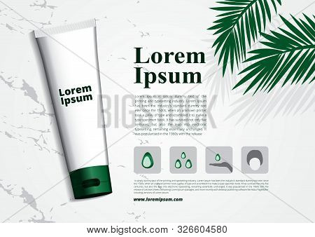 Cosmetic 3d Package White Marble Background Organic Green Leaf With Icon Foam Wash Vector Design Tem