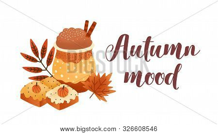 Pumpkin Spice Latte And Biscuits Flat Vector Illustration. Fall Season Dessert And Drink Composition