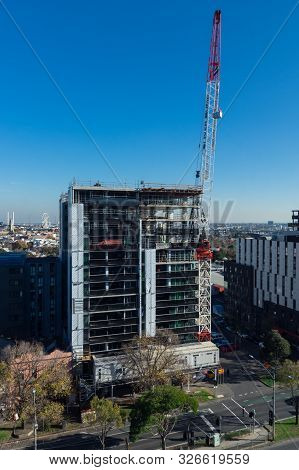 Melbourne, Australia - June 7, 2019: High Rise Commercial Construction Project On Flemington Road In