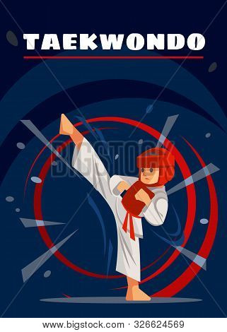 Taekwondo Poster. Kids Sports. Flat Cartoon Design Vector Illustration