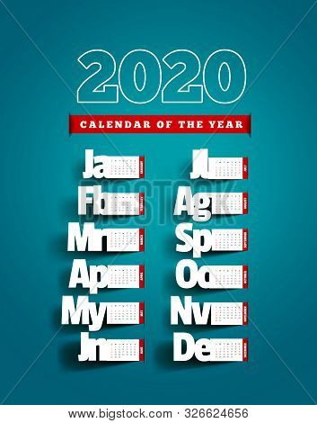 Paper Cut Calendar With Shadow. Yearly 2020 Vector Calendar On Blue Background