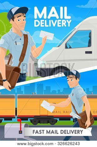 Fast Mail Delivery And Courier Postman, Van And Railway Train. Vector. Express Delivery Service, Pos