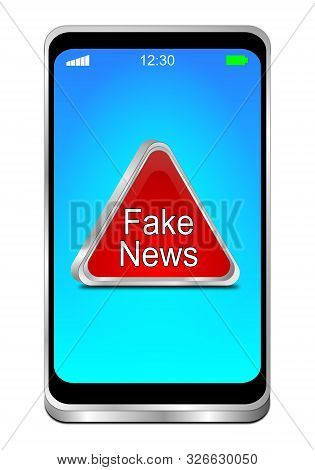 Smartphone With Red Fake News Warning Sign On Blue Desktop - 3d Illustration