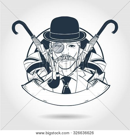 Hand Drawn Sketch, British Man With Mustaches And Hat. Poster, Flyer Design