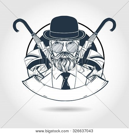 Hand Drawn Sketch, British Man With Beard And Mustaches, Hat And Umbrella. Poster, Flyer Design